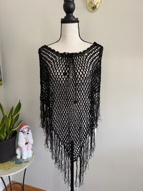 Black Crocheted Fringe Poncho